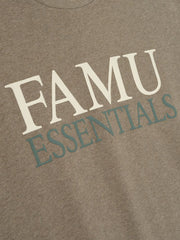 Close-up of brown FAMU 90s Tee showing large white FAMU and teal ESSENTIALS text, file AcRTsRSw.jpg gallery 0