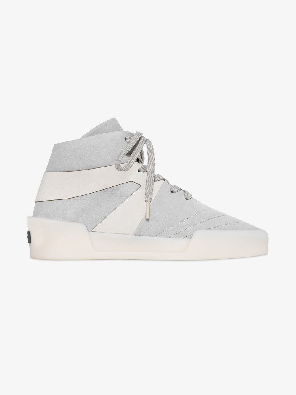 side view of grey high-top basketball sneaker with sculpted leather panels and thick pale rubber sole