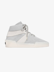side view of grey high-top basketball sneaker with sculpted leather panels and thick pale rubber sole
