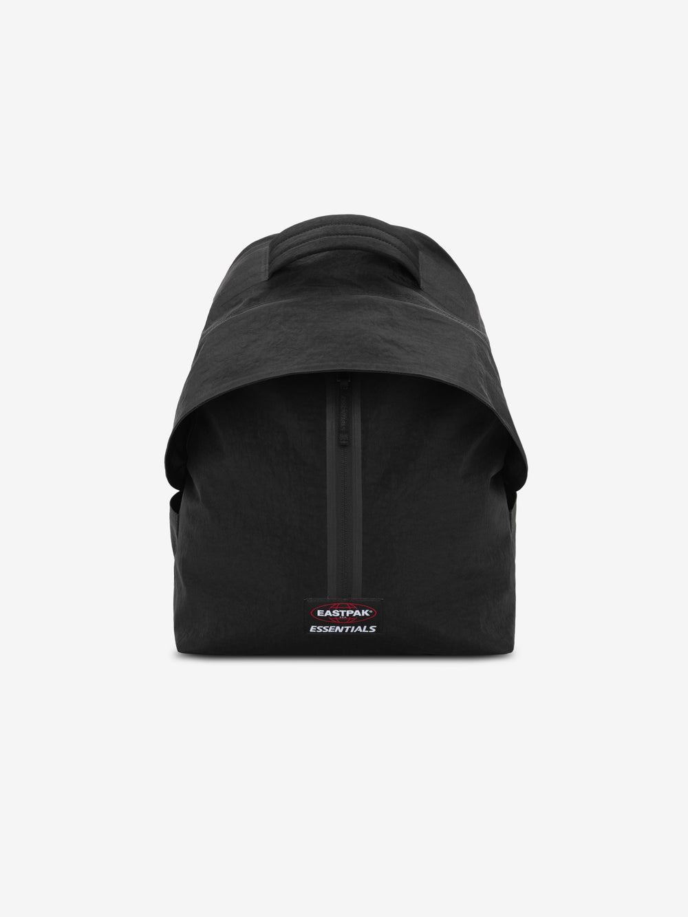 Essentials Backpack in black shown from the front with a curved top flap central zipper and small rectangular logo patch against a plain light background