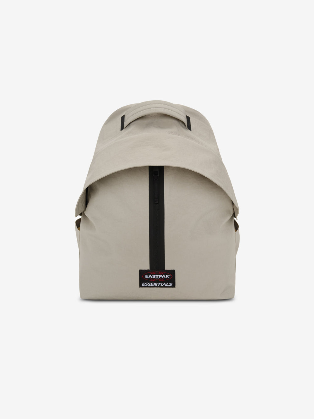 Essentials Backpack in beige shown from the front with a top carry handle central black zipper and rectangular logo patch on a clean white background