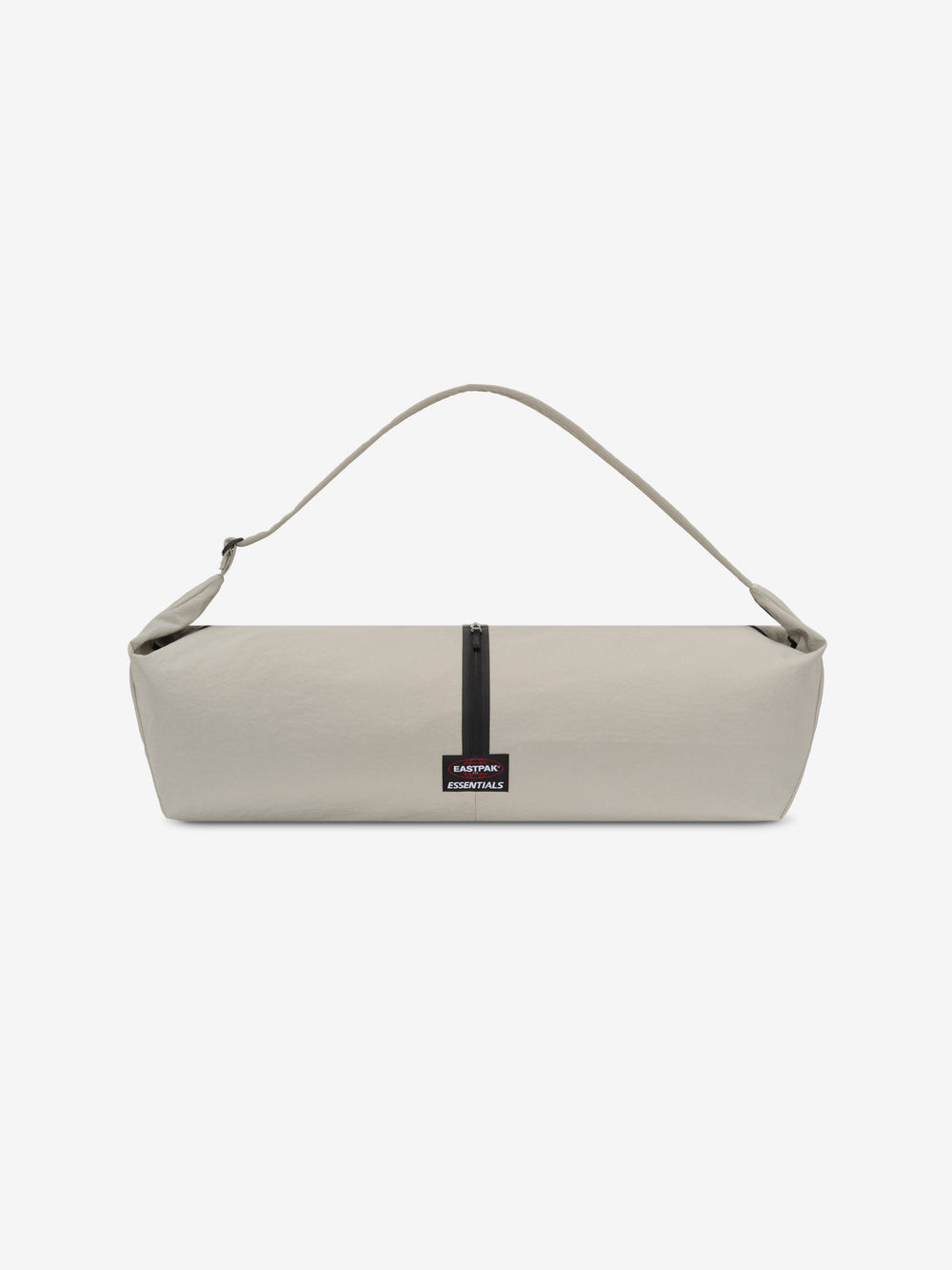 ESSENTIALS SHELL BAG LARGE in light beige with a long curved shoulder strap central black zipper and woven logo label displayed against a clean white background