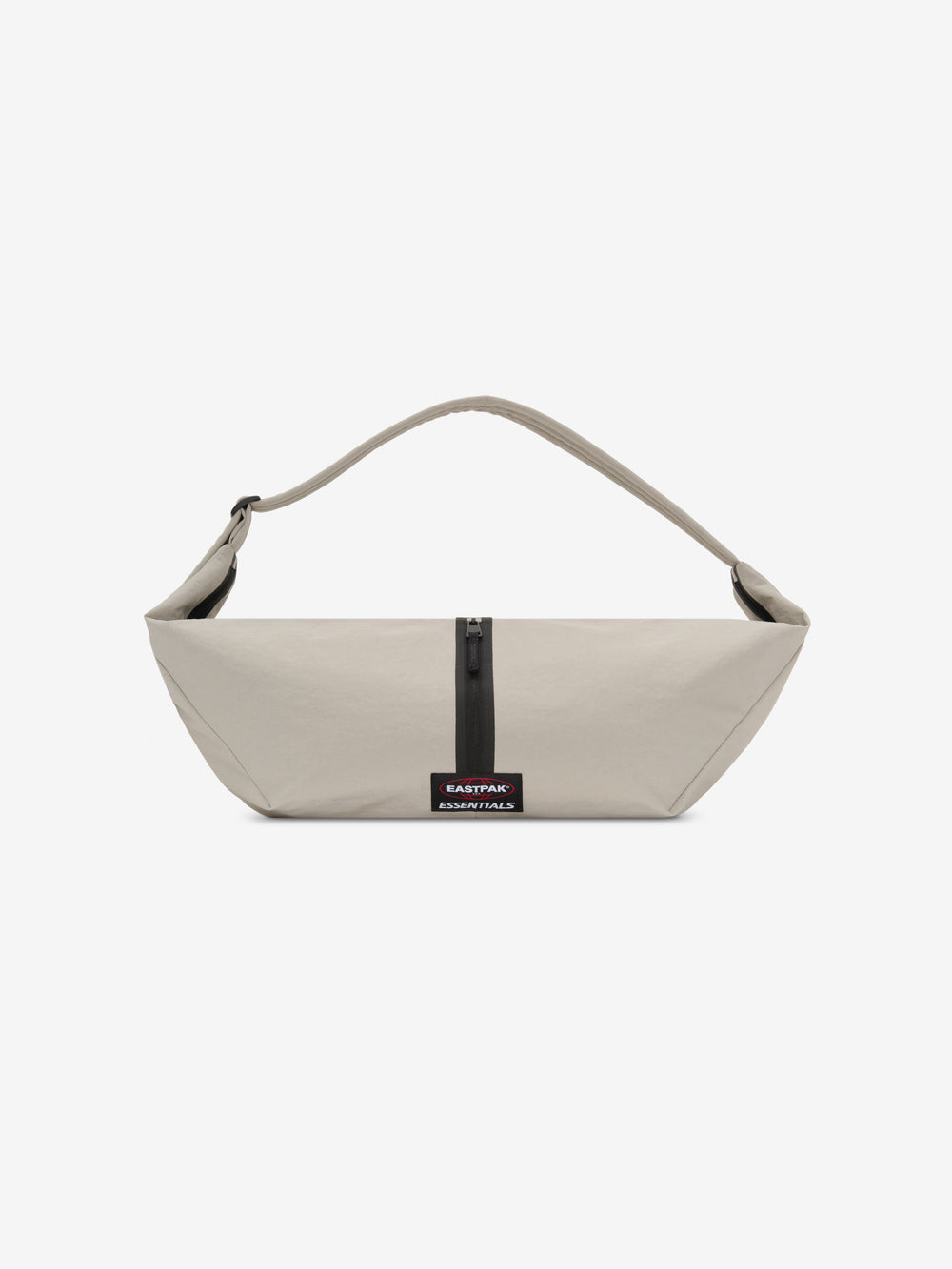 Essentials Shell Bag in light beige with a curved shoulder strap central black zipper and small woven label displayed against a clean white background