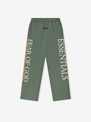 Front view of olive green FAMU Lounge Sweatpant with large cream ESSENTIALS and FEAR OF GOD vertical text and orange side stripe