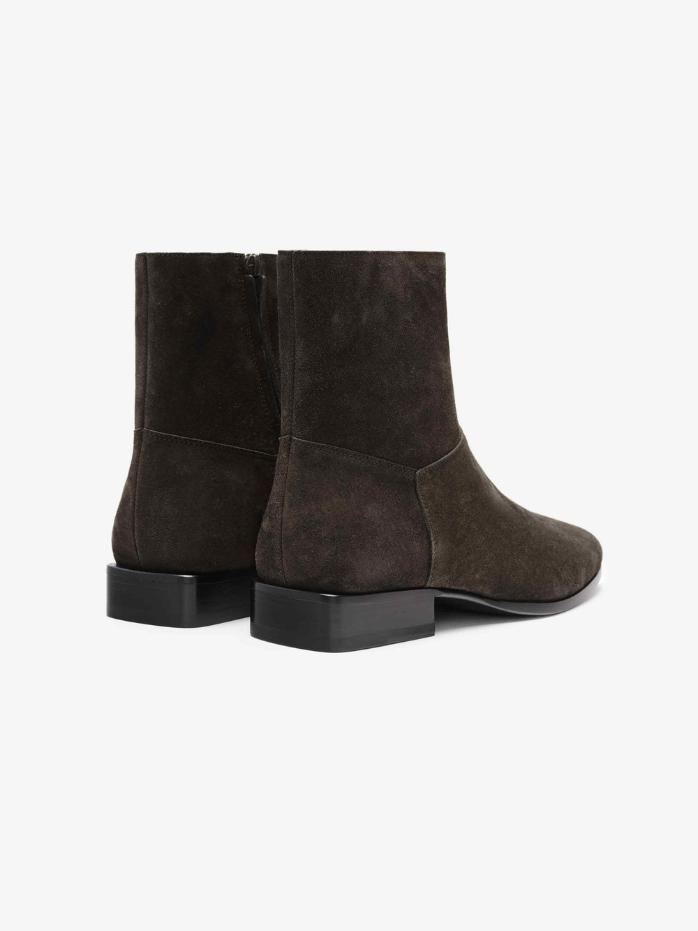 Suede Ankle Boot featuring a dark brown suede upper with a minimalist design, side zipper closure, rounded toes, and a low stacked heel for elegant and versatile footwear.