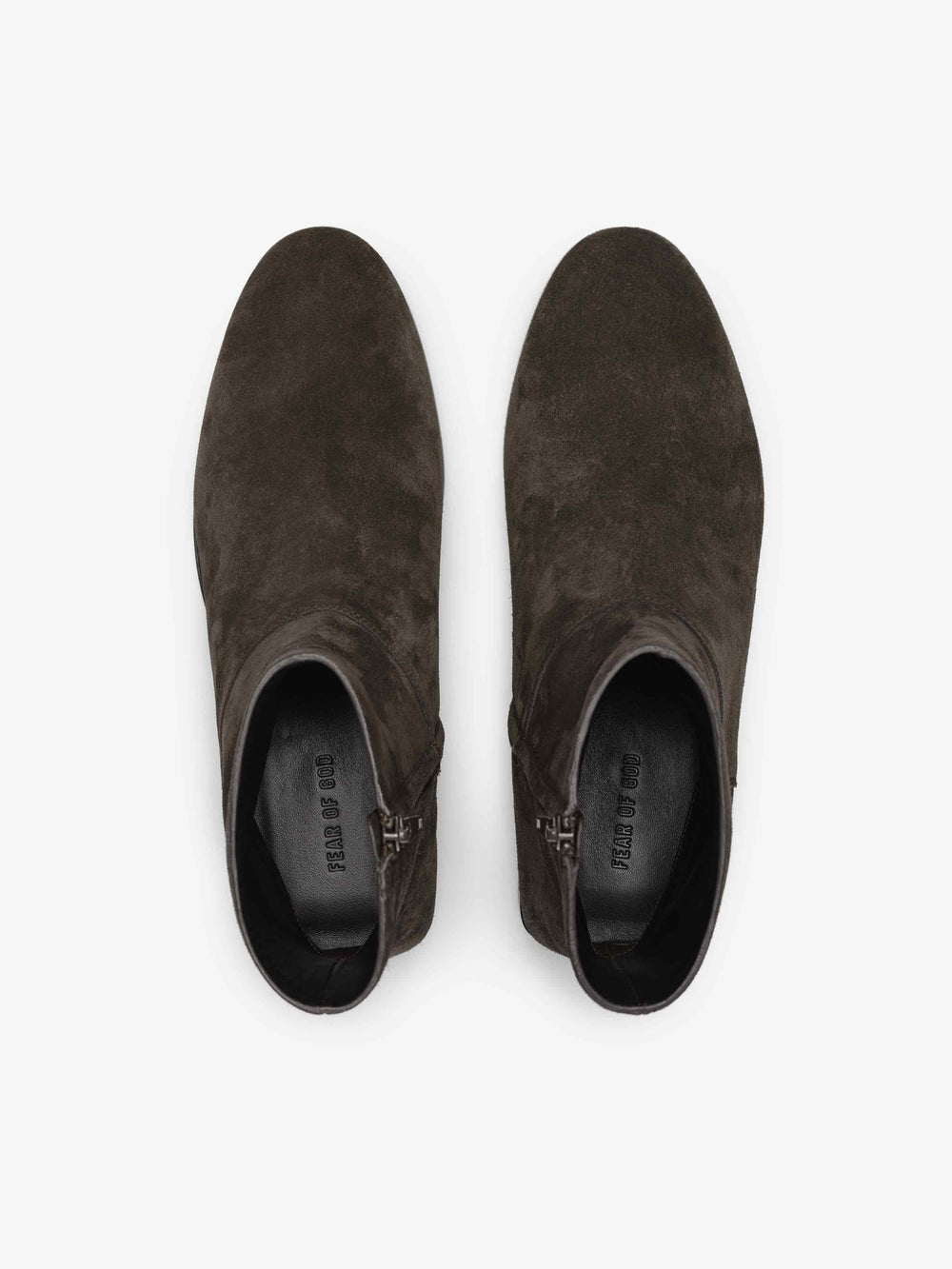 Suede Ankle Boot showcasing a dark brown suede upper with a streamlined almond toe, side zipper closure, and subtle inner branding for contemporary and versatile footwear style.
