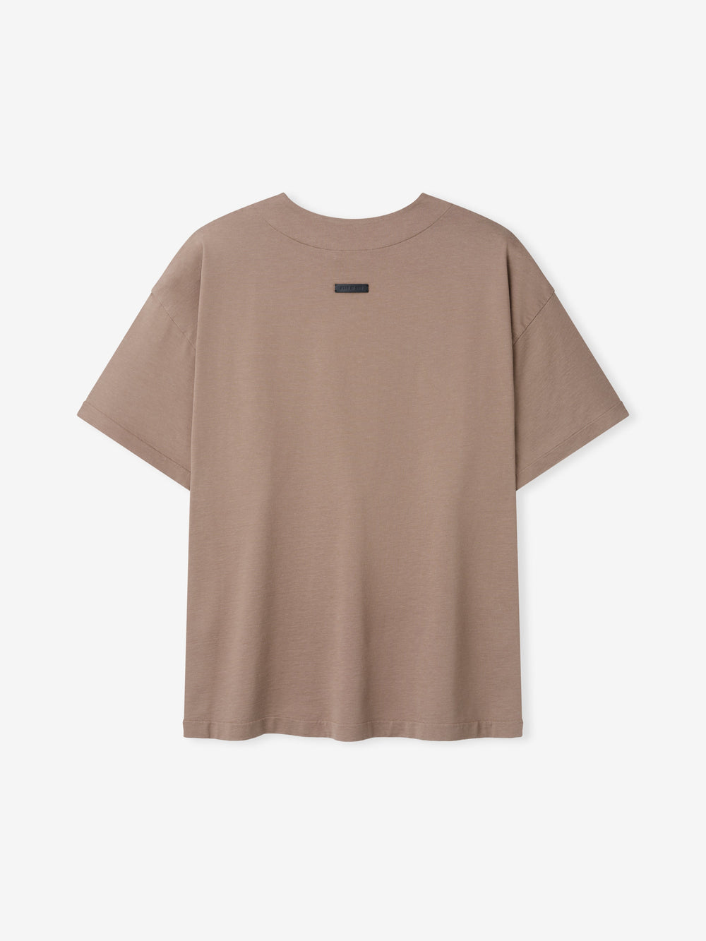 Back view of a plain short-sleeve t-shirt in muted sandy beige with a small black label near the neckline