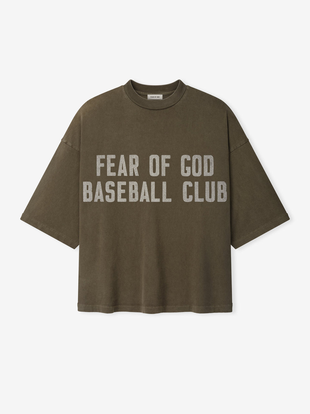 Olive green oversized t-shirt with distressed light gray "FEAR OF GOD BASEBALL CLUB" text on front