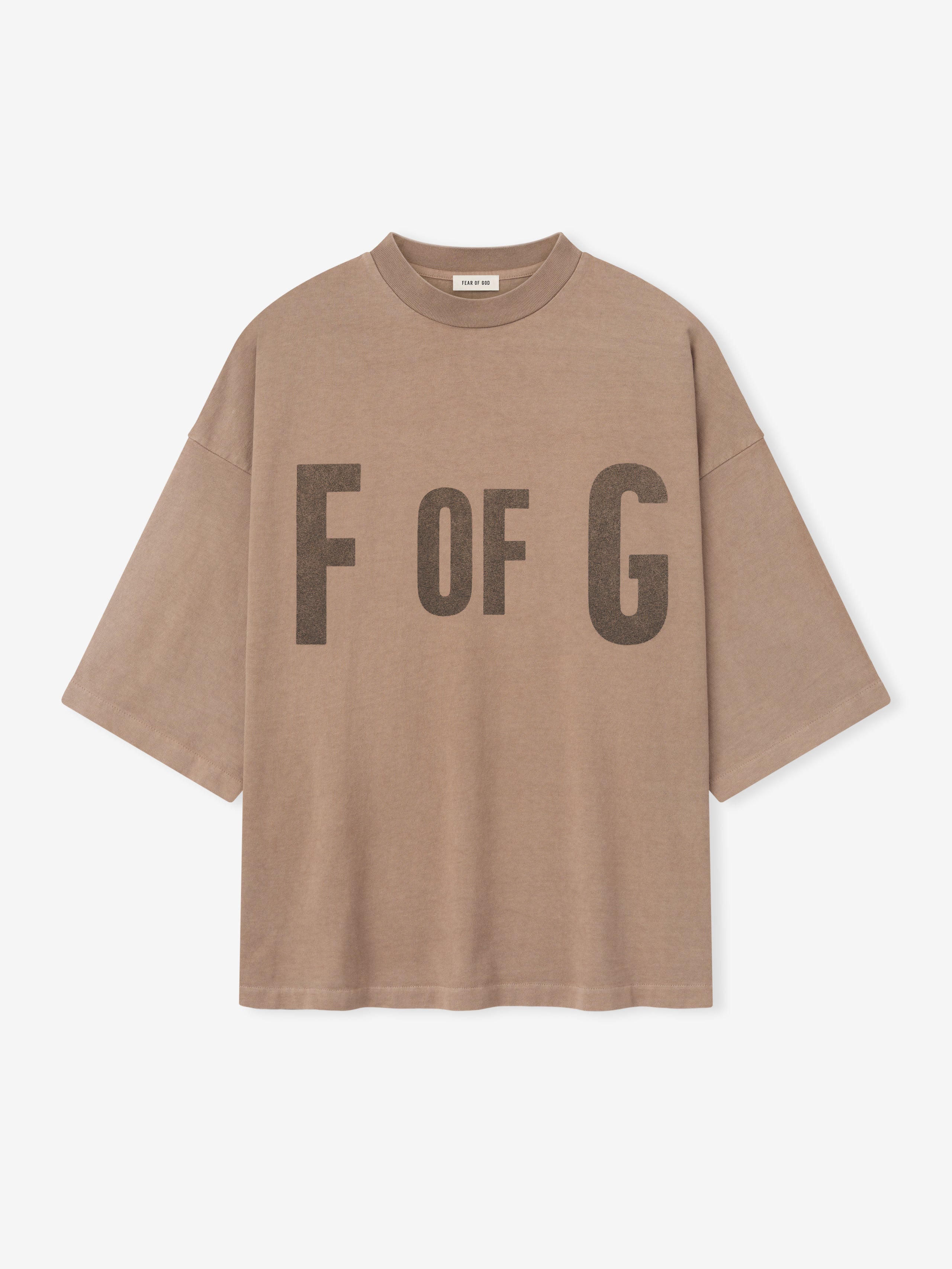sun-faded taupe heavyweight cotton jersey tee with large "F OF G" print centered on front chest