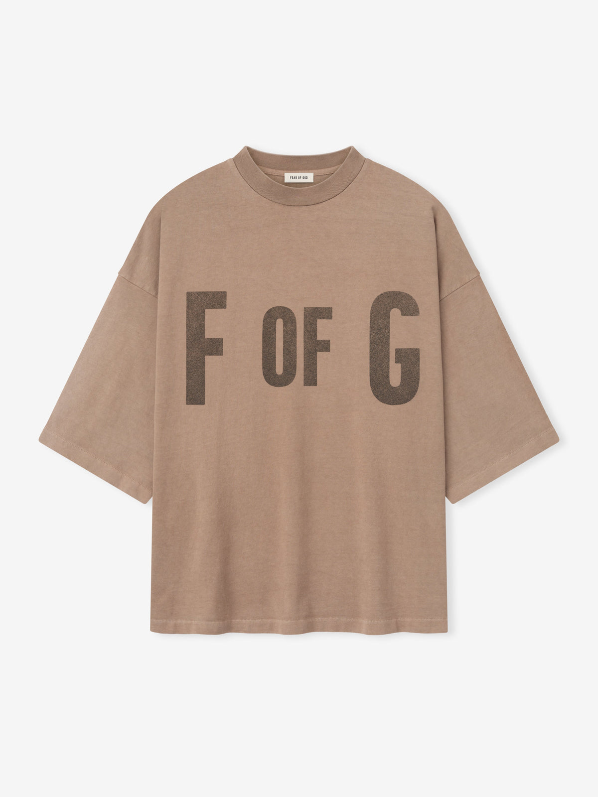 sun-faded taupe heavyweight cotton jersey tee with large "F OF G" print centered on front chest