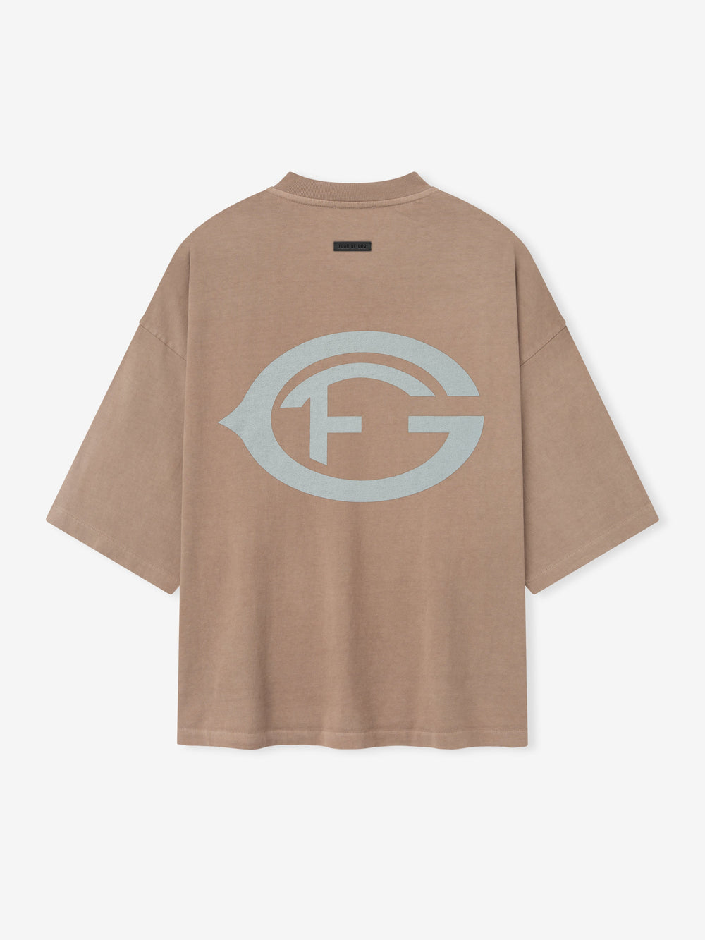 faded taupe heavyweight cotton tee with oversized light gray FG logo printed on back in vintage style