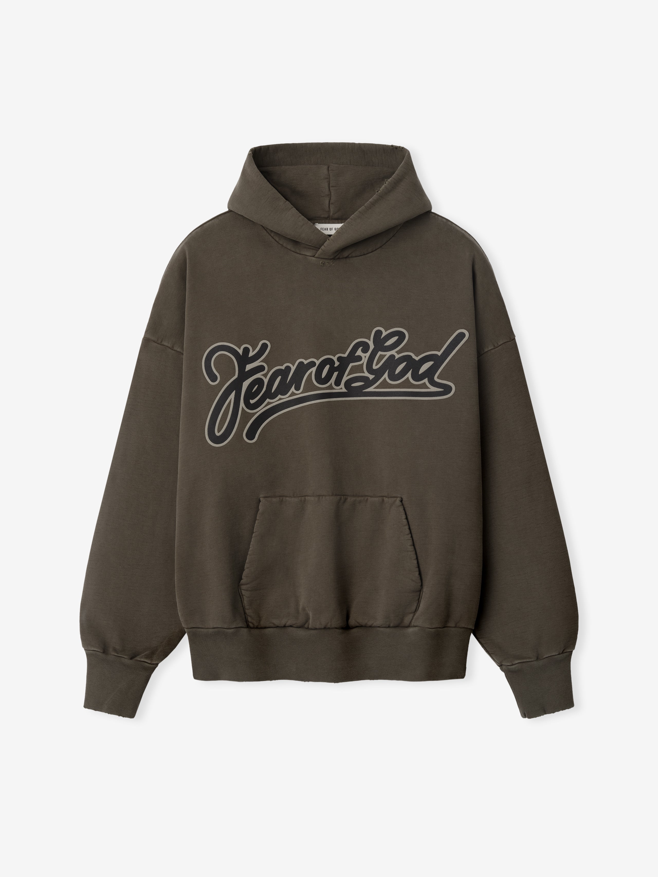 Brown washed cotton hoodie with large black outlined cursive "Fear of God" text and front kangaroo pocket