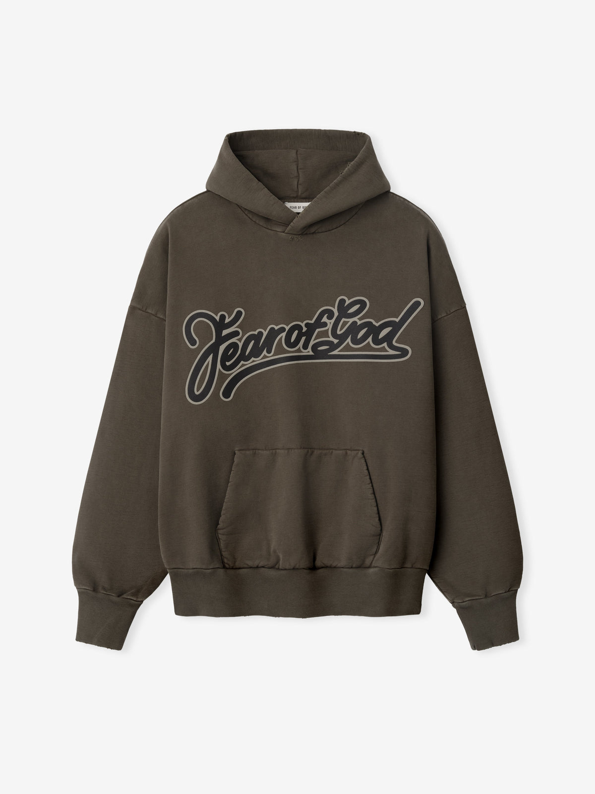 Brown washed cotton hoodie with large black outlined cursive "Fear of God" text and front kangaroo pocket