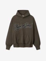 Brown washed cotton hoodie with large black outlined cursive "Fear of God" text and front kangaroo pocket