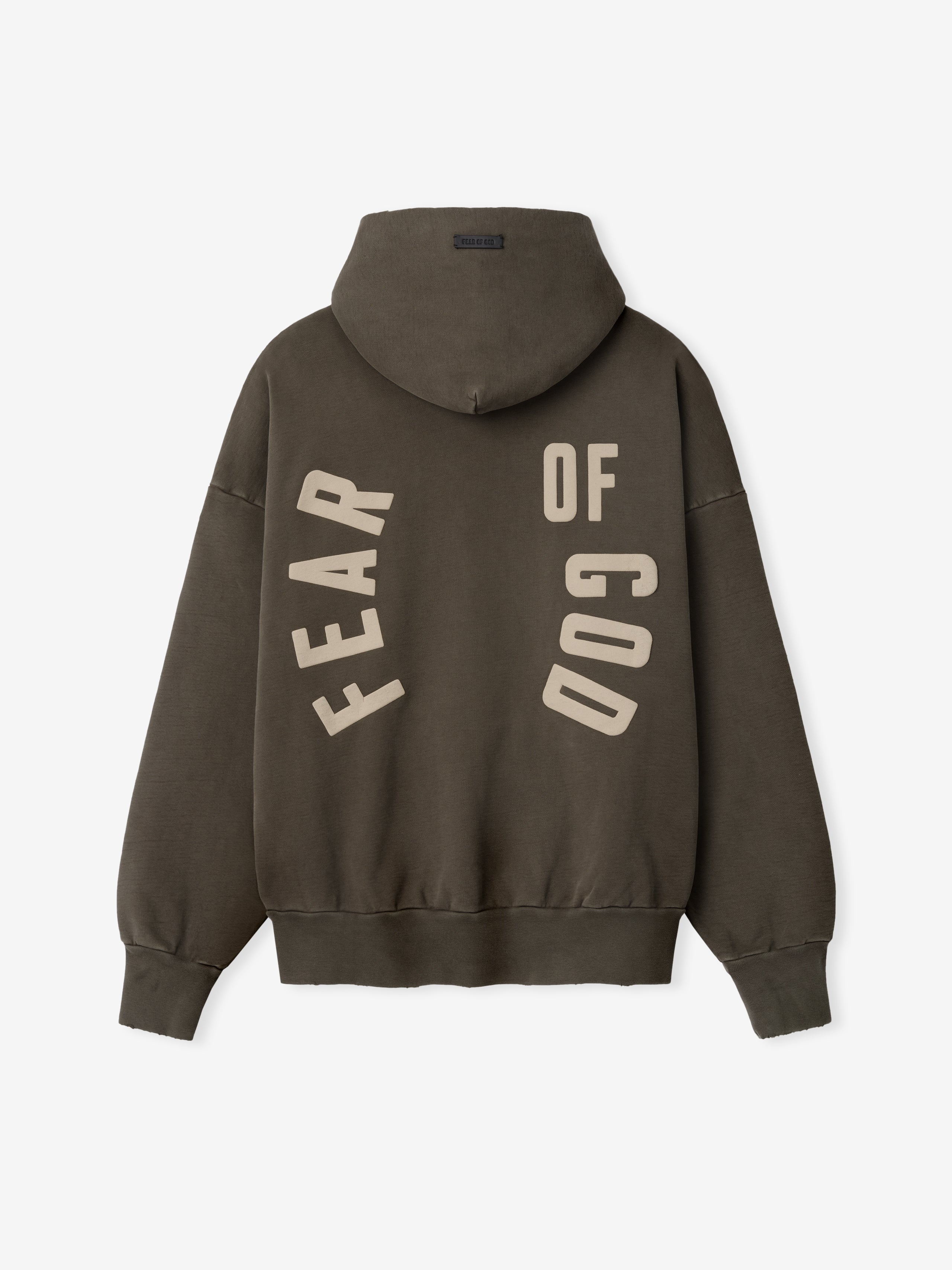 Faded brown cotton hoodie with beige "FEAR OF GOD" text arranged vertically on the back and ribbed cuffs and hem