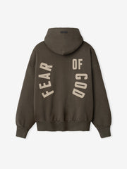 Faded brown cotton hoodie with beige "FEAR OF GOD" text arranged vertically on the back and ribbed cuffs and hem