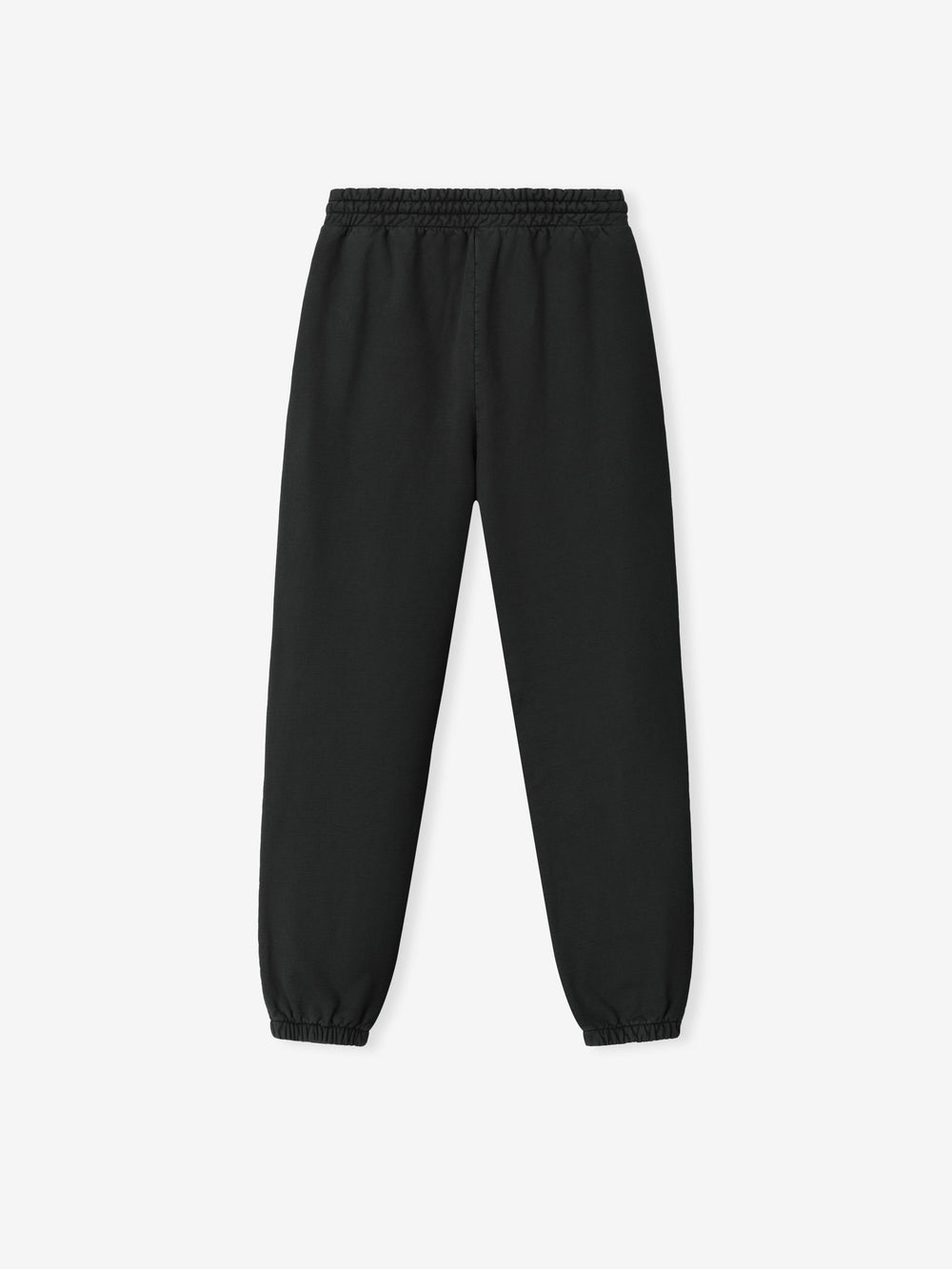 black heavyweight cotton fleece sweatpants with elastic waistband and ankle cuffs in a classic relaxed fit