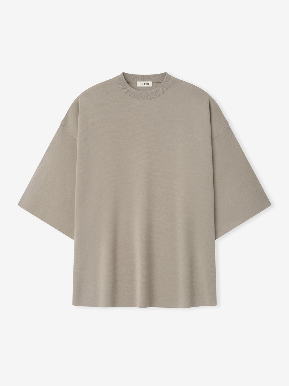 men's light taupe Merino Milano knit tee with dropped shoulders, wide 3/4 sleeves, and relaxed silhouette
