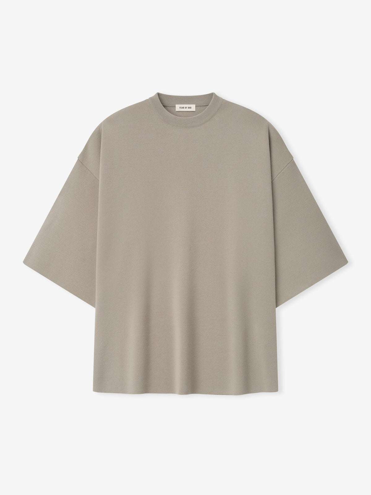 men's light taupe Merino Milano knit tee with dropped shoulders, wide 3/4 sleeves, and relaxed silhouette