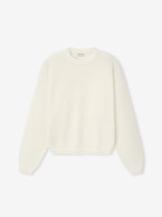 men's off-white double-knit linen wool cotton crewneck sweater with relaxed fit and mesh stitch pattern