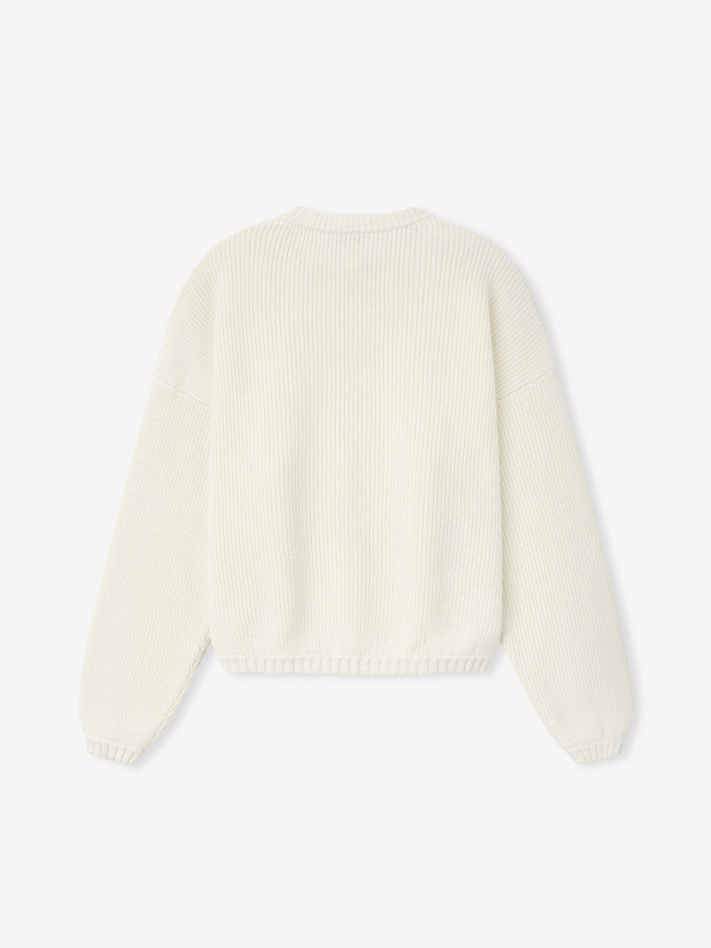 back view of men's off-white double knit linen wool cotton crewneck sweater with relaxed fit and ribbed hem and cuffs