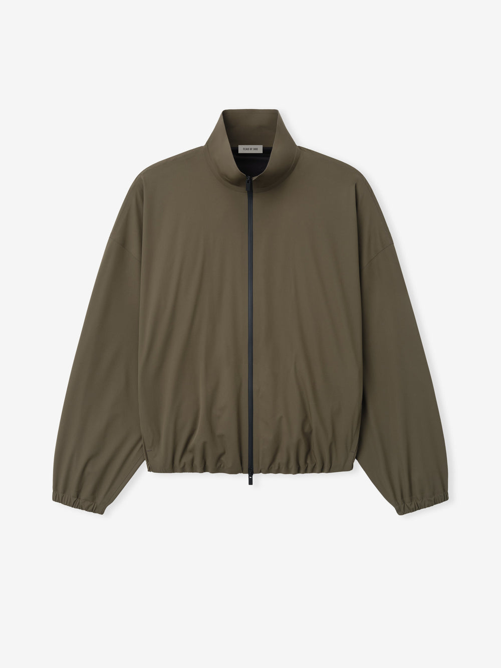olive green bonded nylon tech track jacket with full front zipper and elasticated hems and cuffs