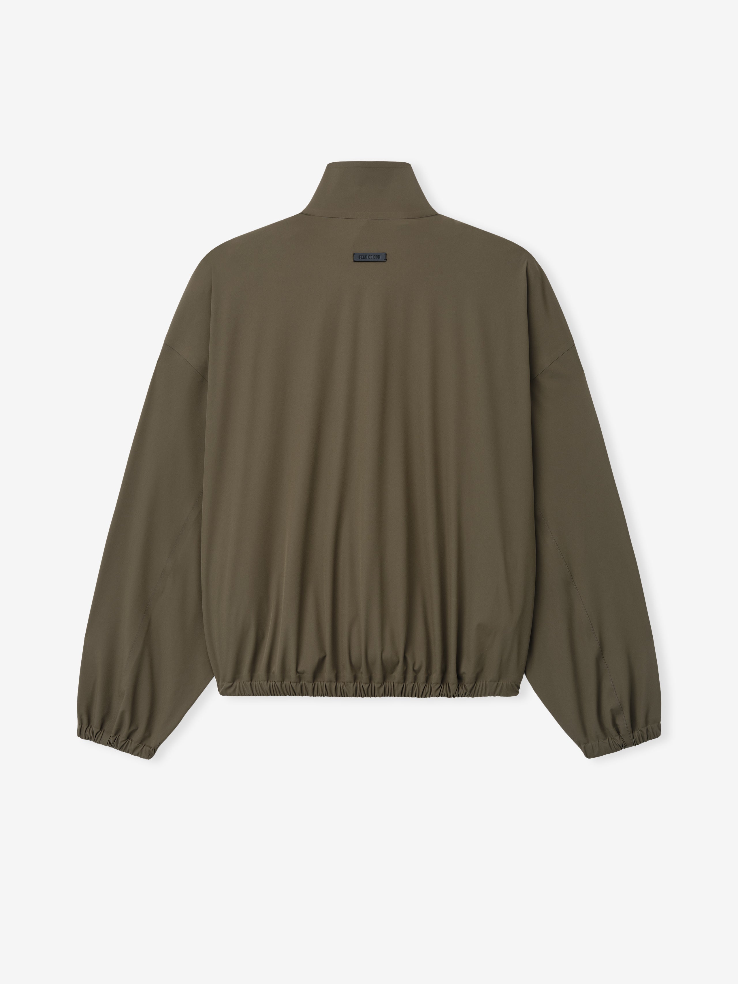 back view of olive bonded nylon microfibre tech track jacket with elasticated cuffs and hem