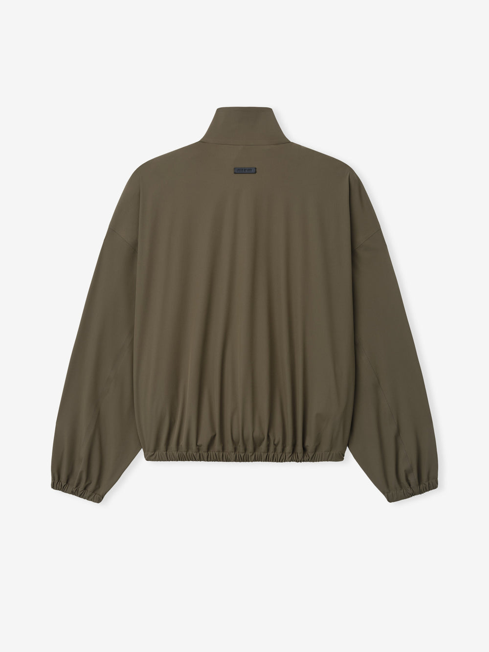 back view of olive bonded nylon microfibre tech track jacket with elasticated cuffs and hem