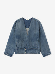 men's classic blue indigo lapelless denim jacket with curved sleeves and unlined strong shoulder construction