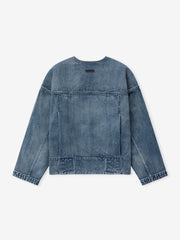 back view of men's blue indigo lapelless denim jacket with seasonless weight fabric and clean seam detailing