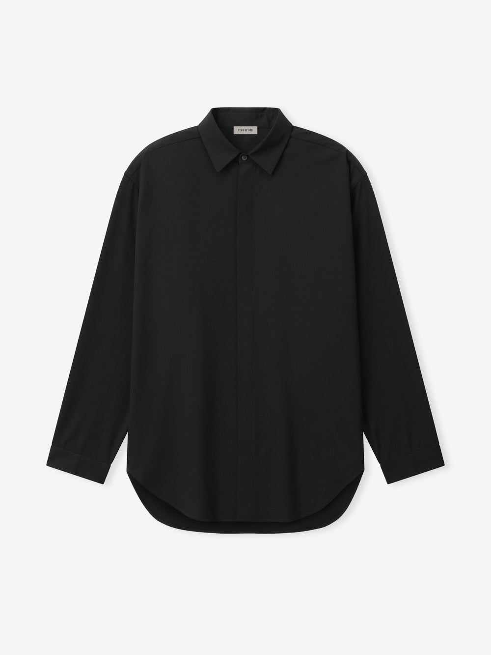 front view of black cotton wool oxford classic shirt with covered button placket and small cuffs