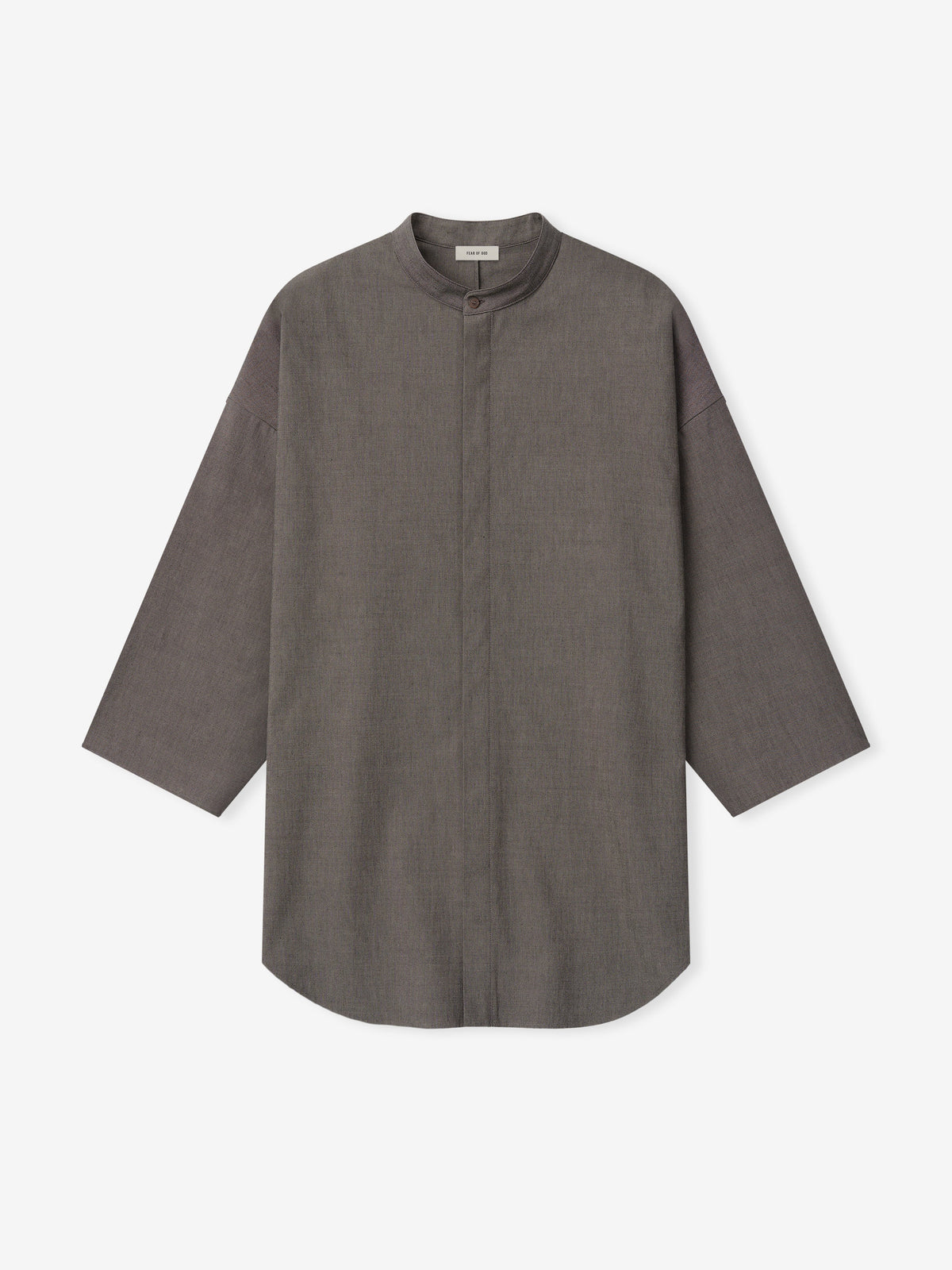 brown cotton-wool oxford shirt with mandarin collar, relaxed fit, long sleeves, and concealed button placket on white background