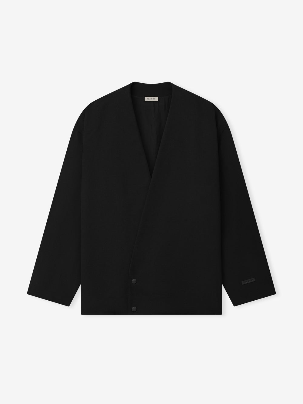 black lightweight ripstop wool cropped lapelless jacket with sculpted drape and single button closure