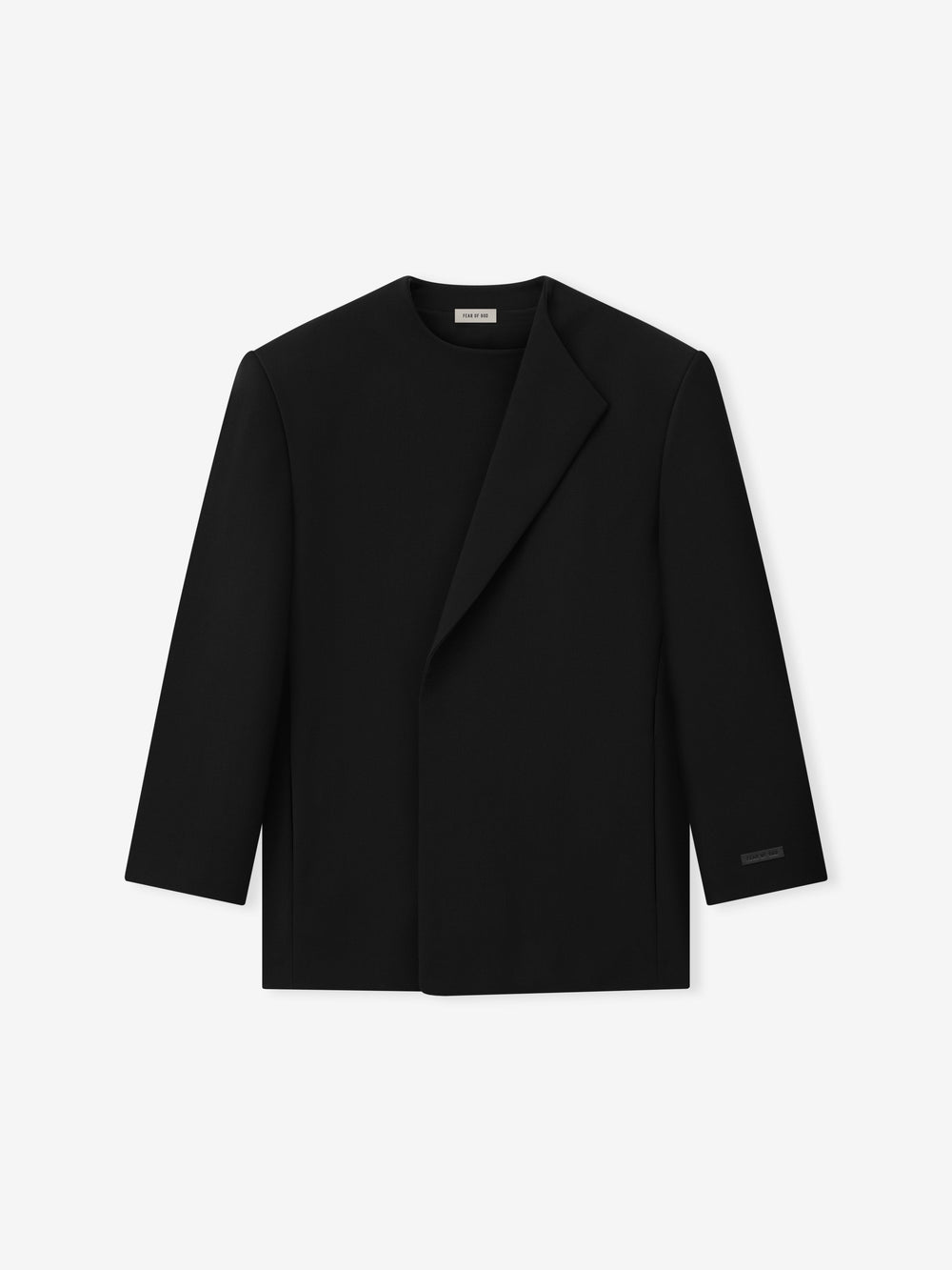 black collarless double weave virgin wool crewneck jacket with sculptural weight and relaxed tailored silhouette