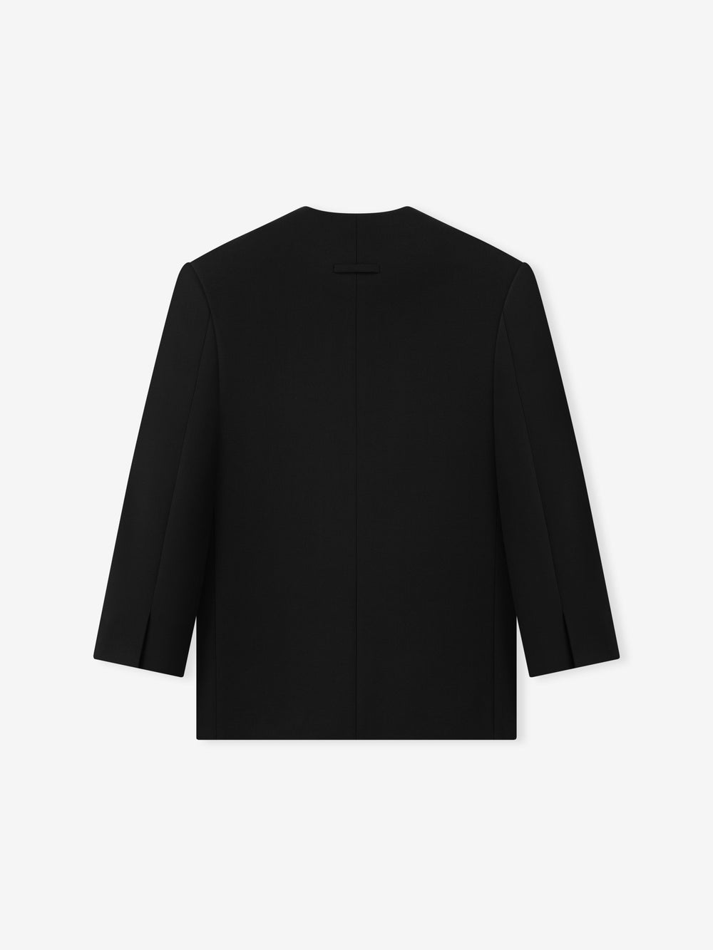 back view of black double-weave virgin wool crewneck jacket with clean seam and relaxed tailored silhouette