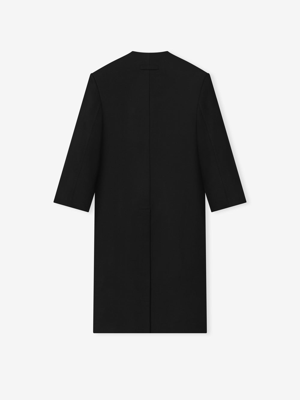 back view of black double weave virgin wool lapelless coat with clean lines and sculptural volume