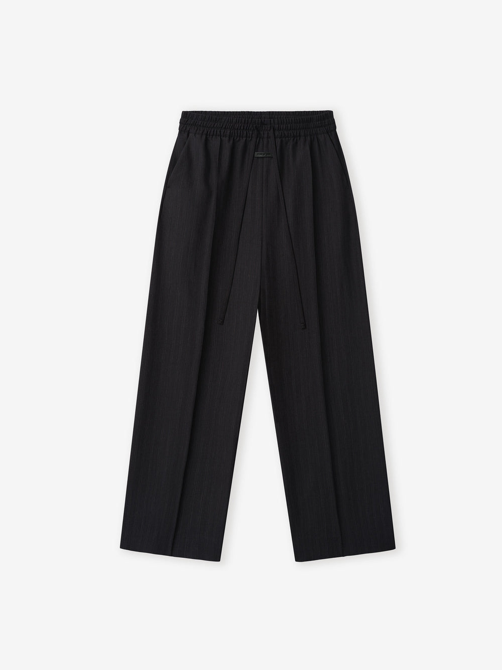 black striped wide-leg wool pants with elastic waistband and long adjustable drawstring detail on flat lay