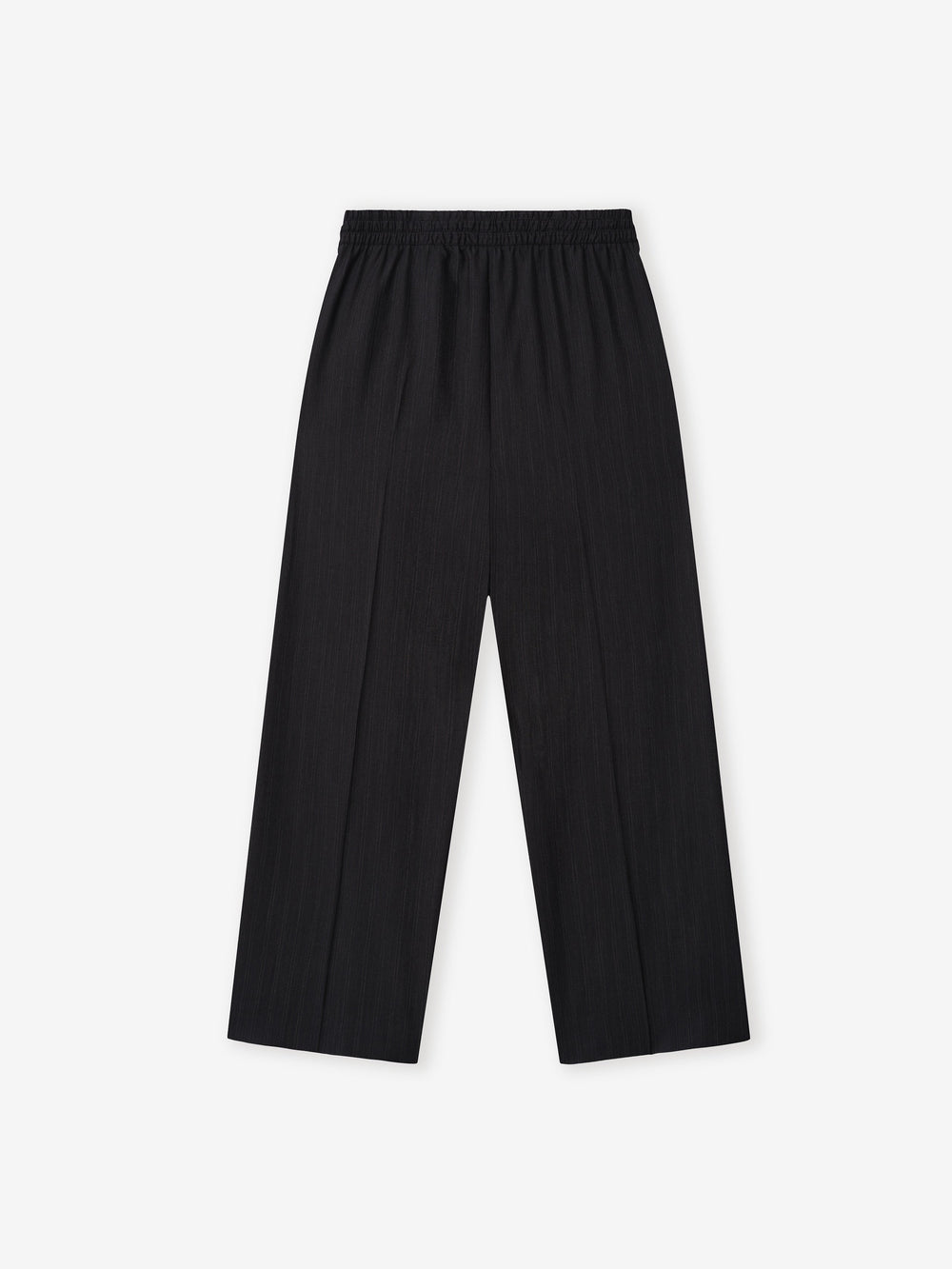 black wide-leg wool pants with elastic waistband and subtle vertical stripe texture laid flat on white background