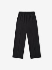 black wide-leg wool pants with elastic waistband and subtle vertical stripe texture laid flat on white background