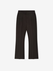 high-waisted tailored flared pants in black double-weave virgin wool with front pleats and side pockets