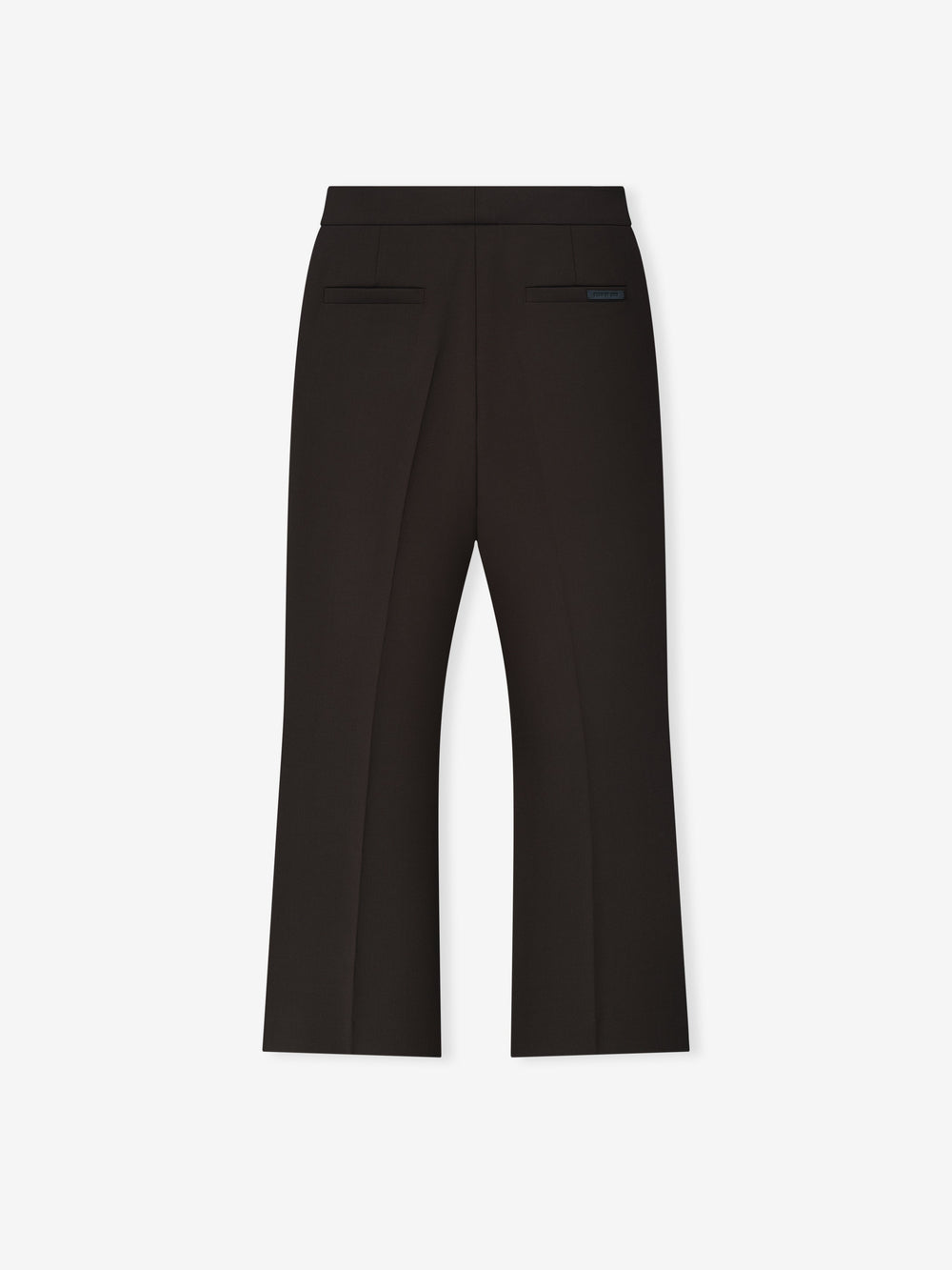 black double-weave virgin wool tailored high-waisted flared pants with rear welt pockets and subtle logo patch detail