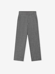 Gray flat-front straight leg trousers with side pockets displayed on a light background