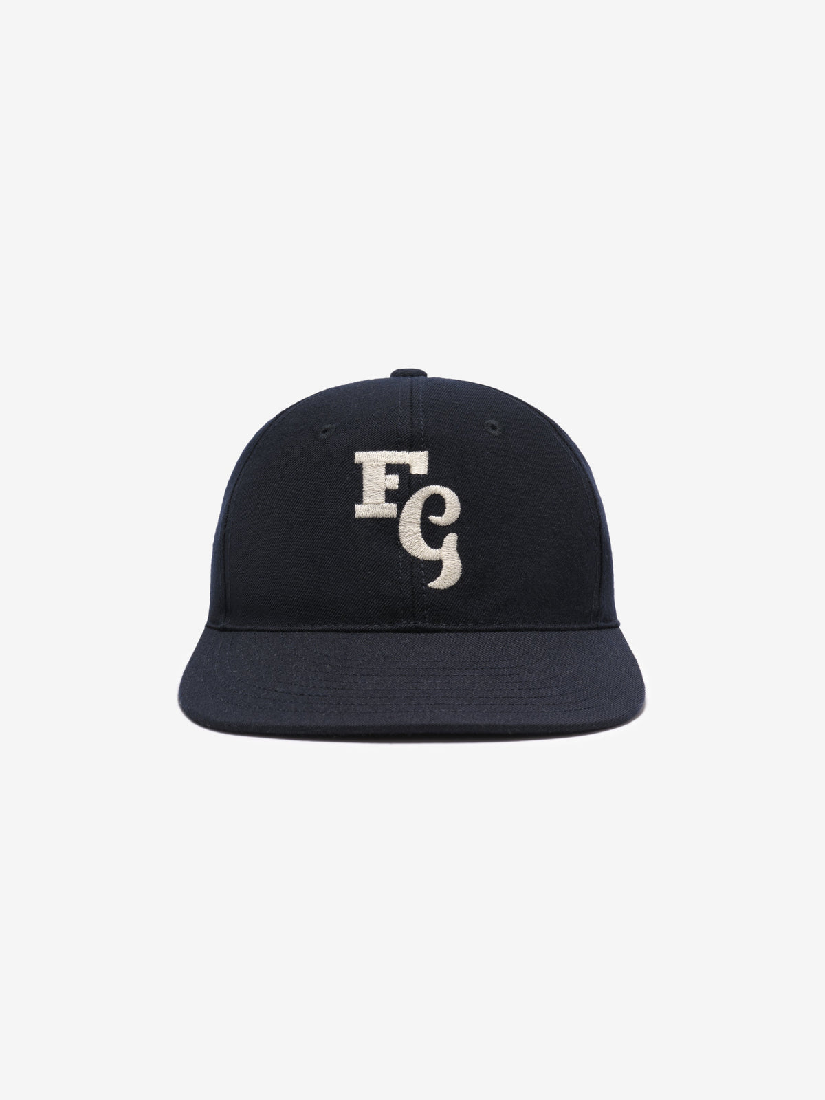 black textured wool baseball cap with white felt FG stitched logo on front and adjustable elastic back band