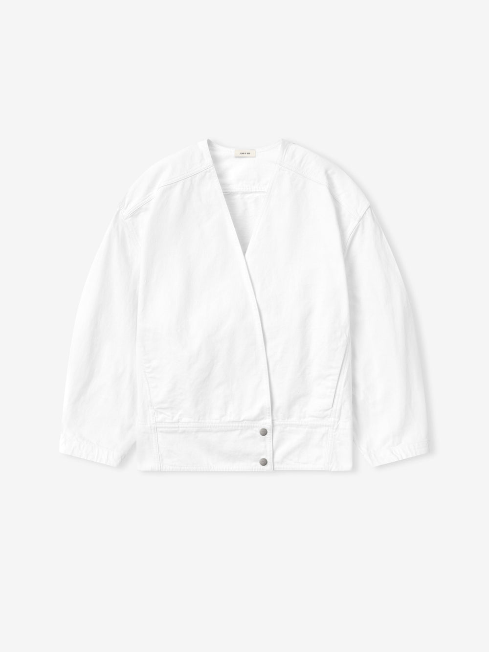 optic white washed cotton broken twill relaxed lapelless jacket with two snap button closure