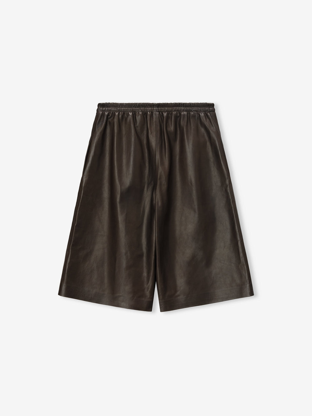 baggy knee-length women's shorts made from dark full-grain calfskin leather with elastic drawstring waistband