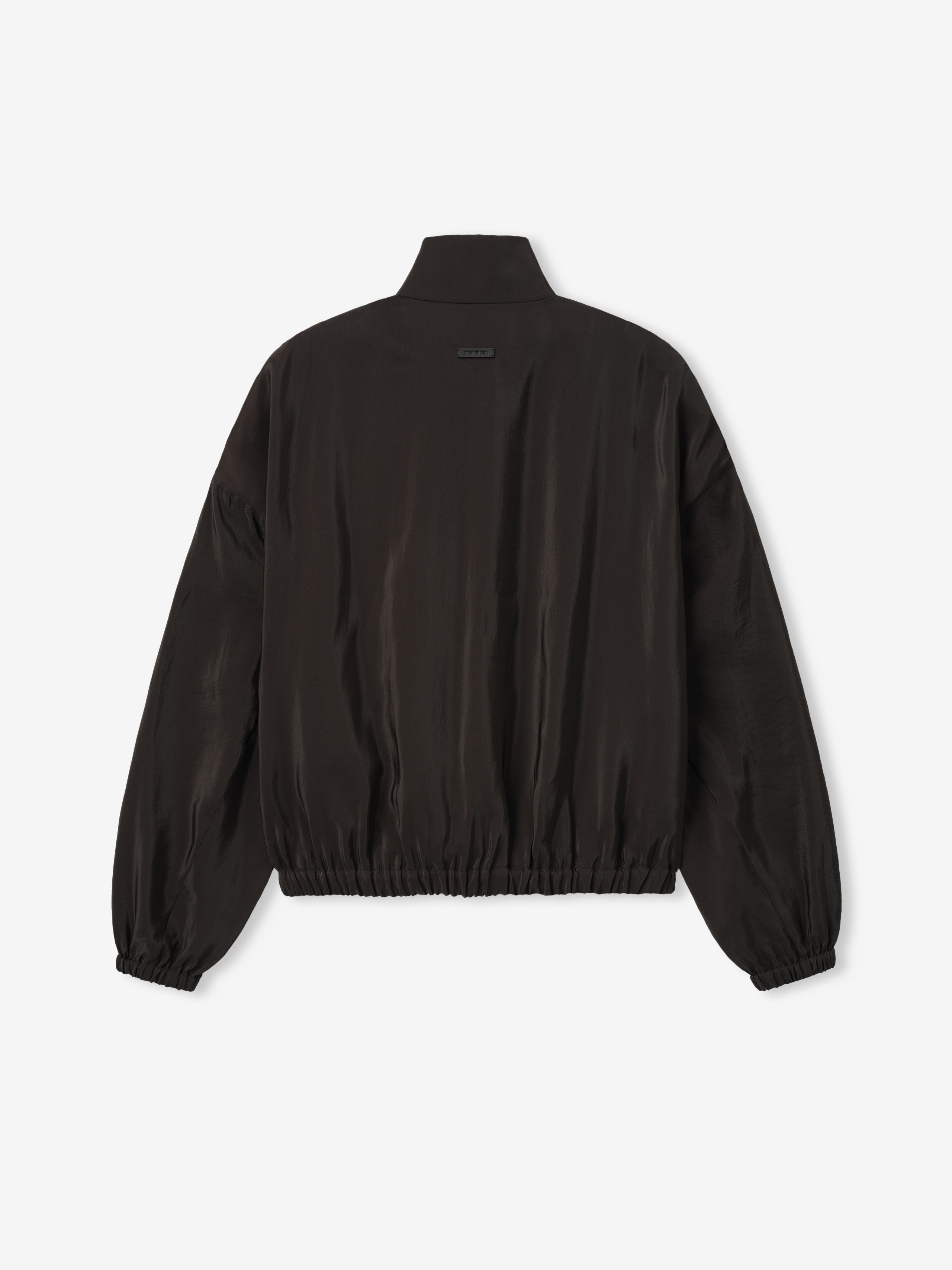back view of black lightweight technical crinkle viscose track jacket with elasticated cuffs and waistband