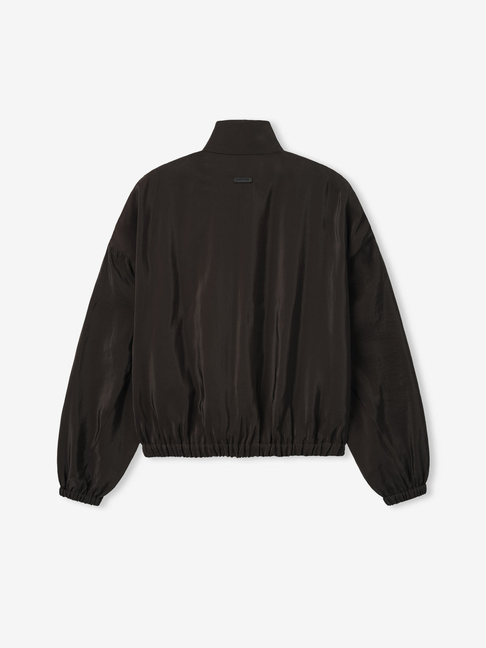 back view of black lightweight technical crinkle viscose track jacket with elasticated cuffs and waistband