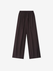 wide-leg superfine wool canvas pants for women with elasticated drawstring waistband in dark color