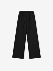black wide-leg womens pants with elastic drawstring waistband made from lightweight rip-stop virgin wool