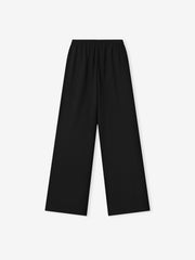 black wide-leg womens pants in lightweight compact rip-stop virgin wool with elasticated waistband